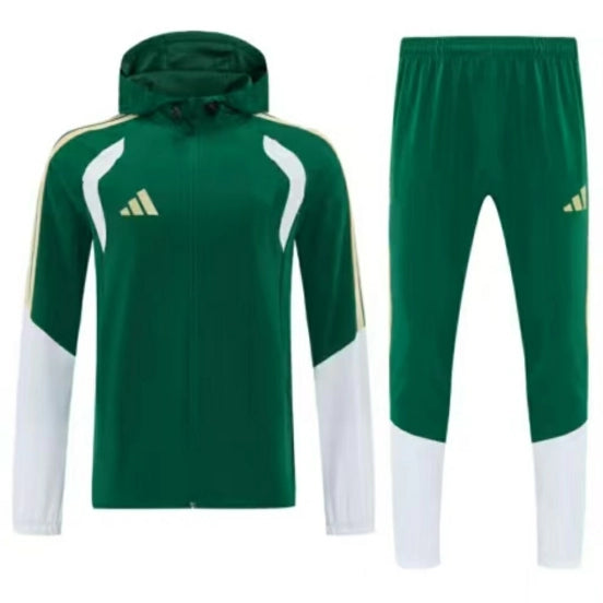26/27 Adidas Navy Green &White Full Zipper Hooded Windbreaker Jacket Tracksuit + Long Pants