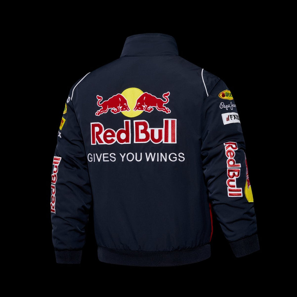 Red Bull Infiniti F1 Racing Team Navy Blue Jacket with Multi-Sponsor Logos and Blue Accents