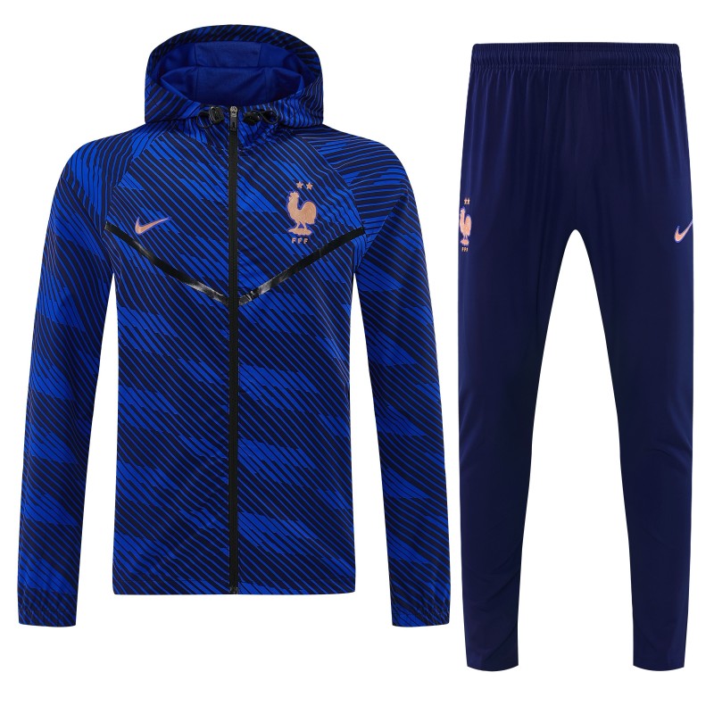 France Navy Blue Full Zipper Hooded Jacket Tracksuit + Long Pants