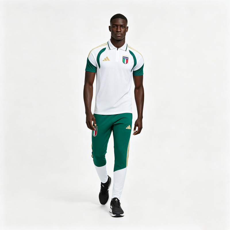 Italy White & Green Half-Zip Polo Short Sleeve Tracksuit + Long Pants