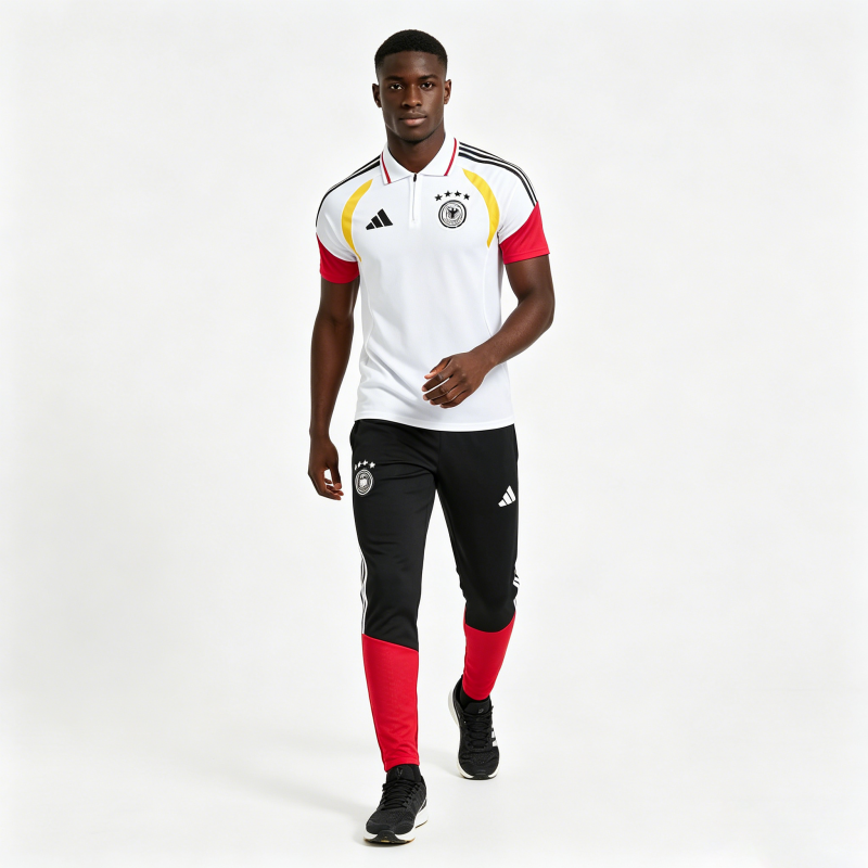 German White & Black Half-Zip Polo Short Sleeve Tracksuit + Long Pants